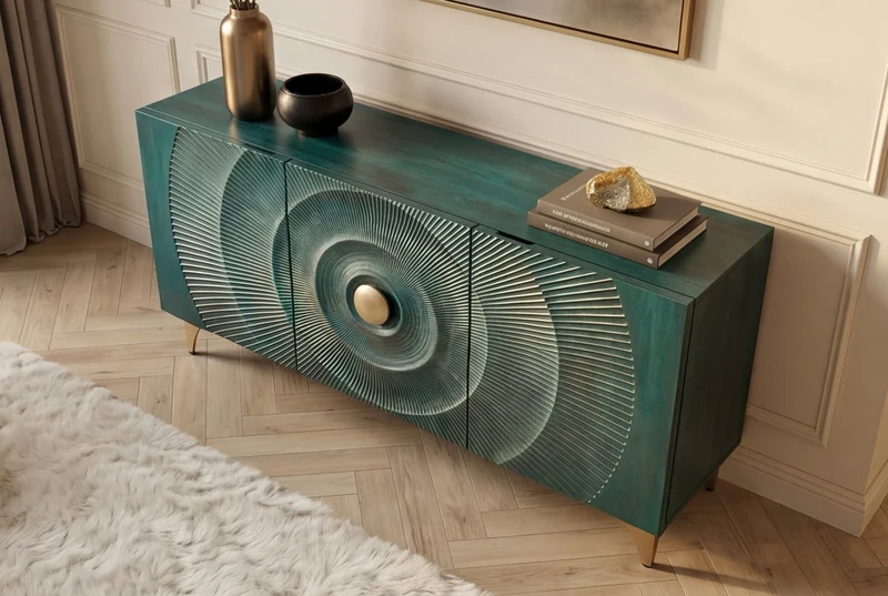 Buffet artisanal GOLDEN SUNSET 140cm turquoise avec sculptures 3D pieds métal bois de manguier doré