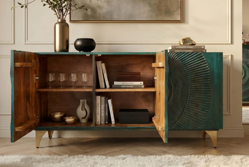Buffet artisanal GOLDEN SUNSET 140cm turquoise avec sculptures 3D pieds métal bois de manguier doré