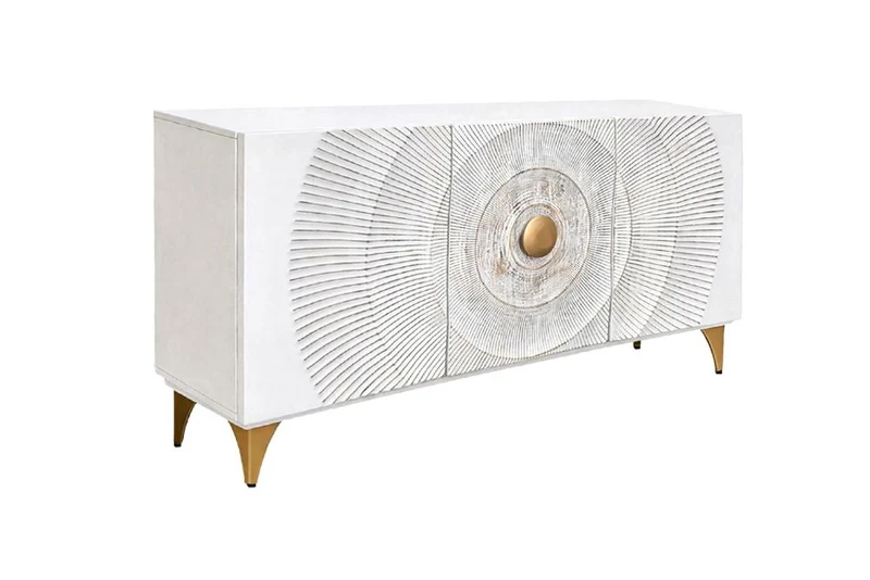 Buffet artisanal GOLDEN SUNSET 140cm blanc avec sculptures 3D pieds en métal bois de manguier doré