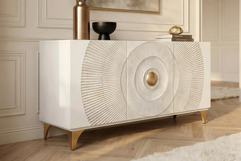 Buffet artisanal GOLDEN SUNSET 140cm blanc avec sculptures 3D pieds en métal bois de manguier doré