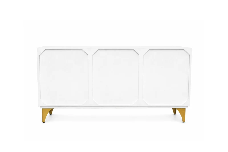 Buffet artisanal GOLDEN SUNSET 140cm blanc avec sculptures 3D pieds en métal bois de manguier doré