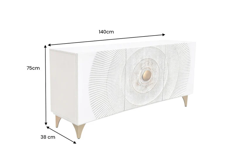 Buffet artisanal GOLDEN SUNSET 140cm blanc avec sculptures 3D pieds en métal bois de manguier doré