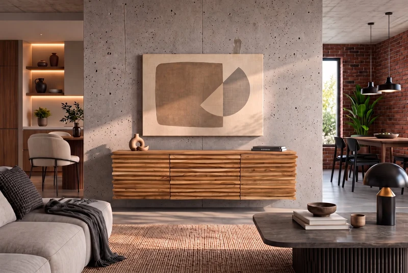 Buffet suspendu RELIEF 175cm naturel acacia bois massif avec tiroirs