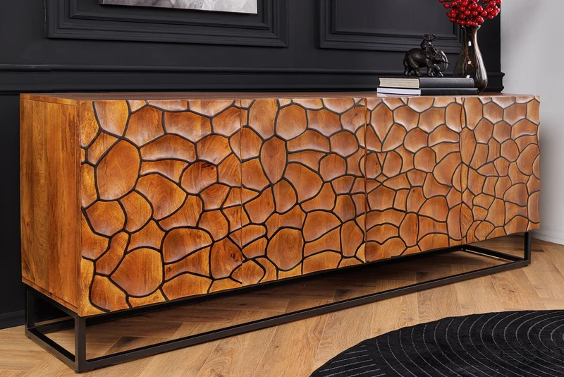 Buffet en bois massif VULCANO 180cm en manguier marron avec sculptures 3D structure en métal noir fait main