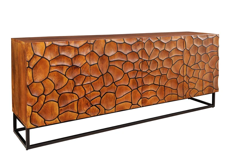 Buffet en bois massif VULCANO 180cm en manguier marron avec sculptures 3D structure en métal noir fait main