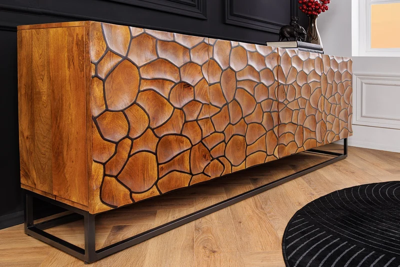 Buffet en bois massif VULCANO 180cm en manguier marron avec sculptures 3D structure en métal noir fait main