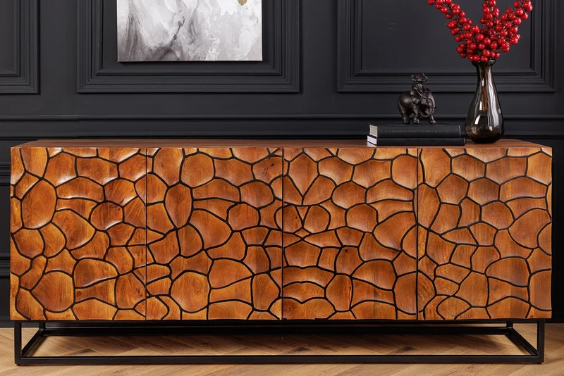 Buffet en bois massif VULCANO 180cm en manguier marron avec sculptures 3D structure en métal noir fait main