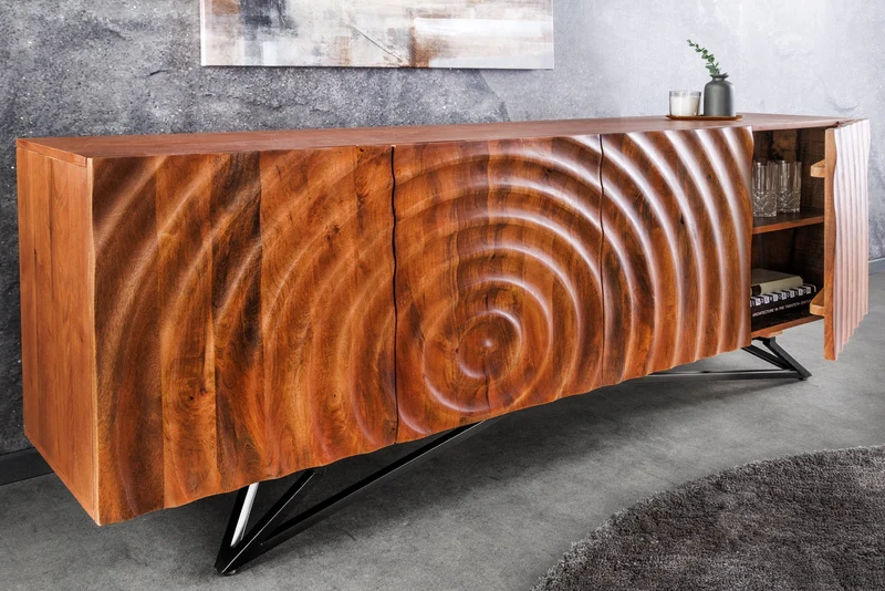 Buffet design ZEN 180cm en bois de manguier marron avec sculptures 3D structure en métal noir fait main