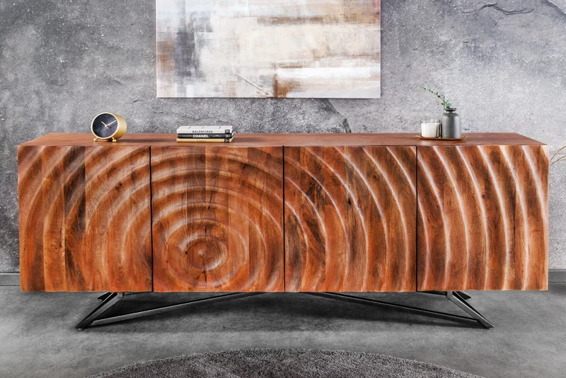 Buffet design ZEN 180cm en bois de manguier marron avec sculptures 3D structure en métal noir fait main