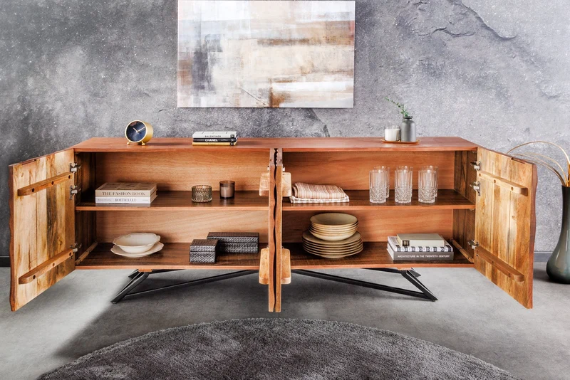 Buffet design ZEN 180cm en bois de manguier marron avec sculptures 3D structure en métal noir fait main