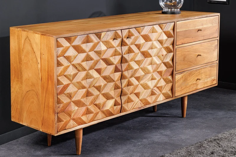Buffet en bois massif ALPINE 145cm acacia finition miel commode avec tiroirs design rétro