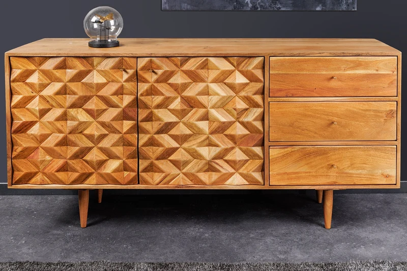 Buffet en bois massif ALPINE 145cm acacia finition miel commode avec tiroirs design rétro