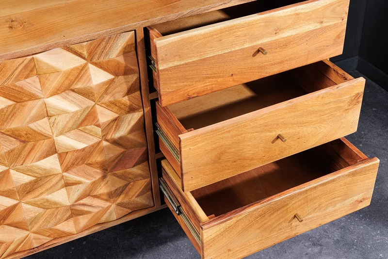 Buffet en bois massif ALPINE 145cm acacia finition miel commode avec tiroirs design rétro