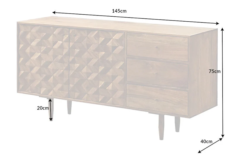 Buffet en bois massif ALPINE 145cm acacia finition miel commode avec tiroirs design rétro