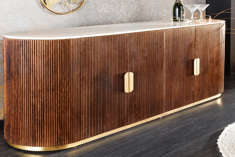 Buffet design GATSBY 170cm bois de manguier marron doré dessus marbre blanc