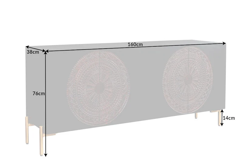 Buffet massif MANDALA 160cm en bois de manguier noir avec sculptures 3D pieds dorés