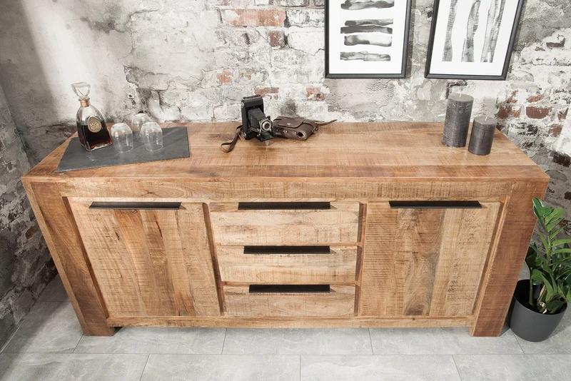 Buffet massif IRON CRAFT 175cm commode en bois de manguier avec tiroirs fait main