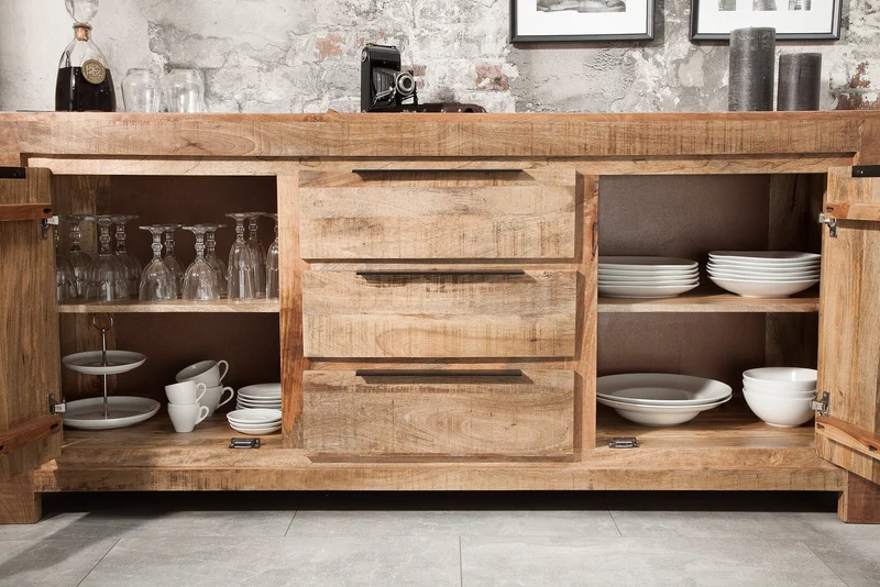 Buffet massif IRON CRAFT 175cm commode en bois de manguier avec tiroirs fait main