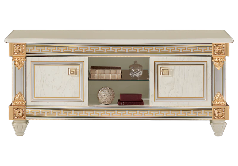 Meuble TV blanc laqué avec ornements dorés - Liberty