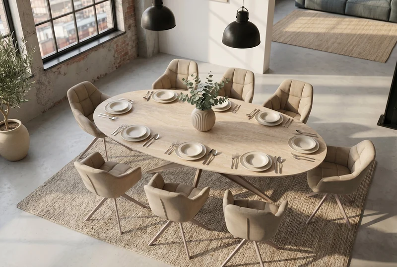 Table à manger ovale SCULPTURE 220cm céramique travertin naturel métal grège champagne