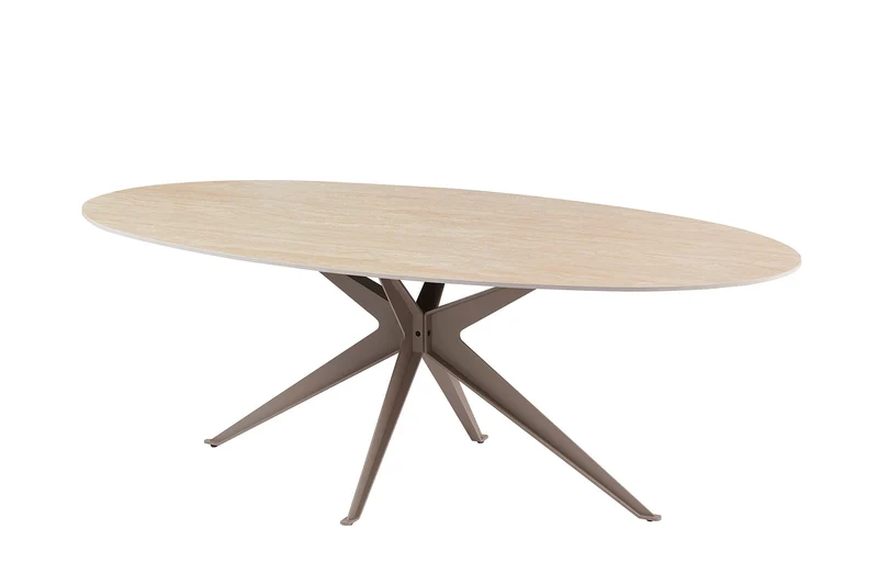 Table à manger ovale SCULPTURE 220cm céramique travertin naturel métal grège champagne