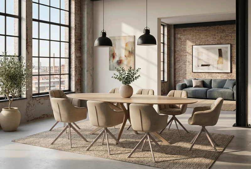 Table à manger ovale SCULPTURE 220cm céramique travertin naturel métal grège champagne