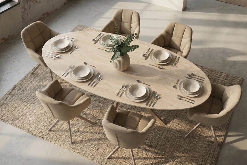 Table à manger ovale SCULPTURE 220cm céramique travertin naturel métal grège champagne