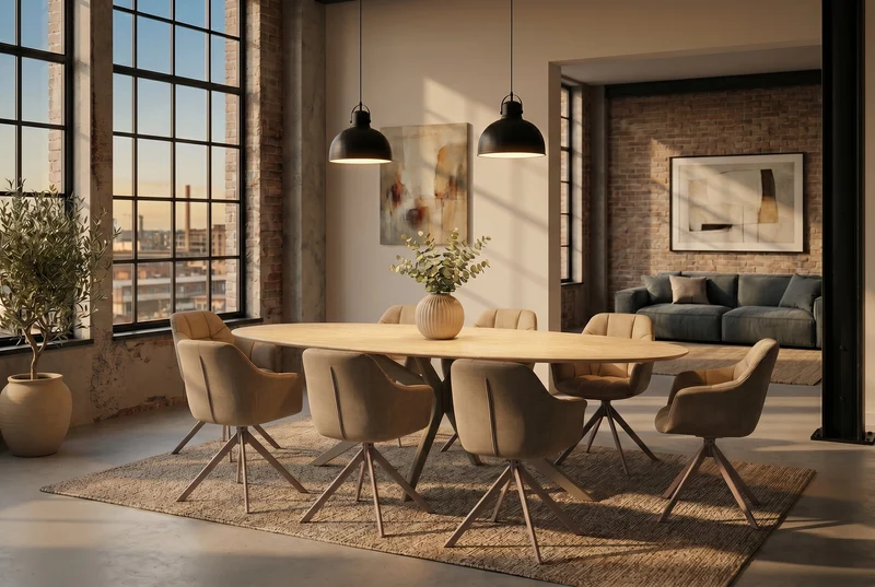 Table à manger ovale SCULPTURE 220cm céramique travertin naturel métal grège champagne
