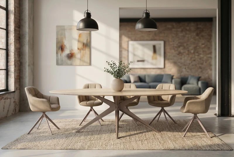 Table à manger ovale SCULPTURE 220cm céramique travertin naturel métal grège champagne