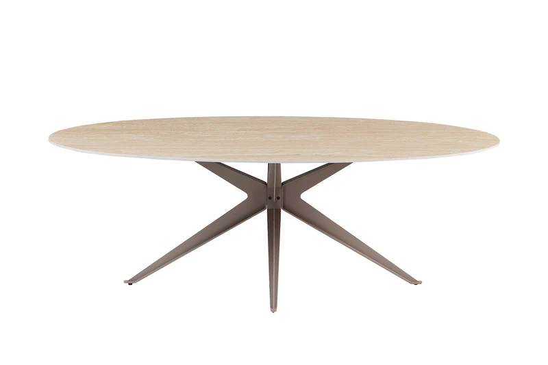 Table à manger ovale SCULPTURE 220cm céramique travertin naturel métal grège champagne