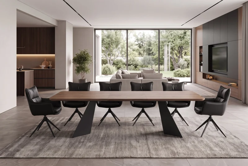 Table à manger extensible PRESTIGE 180-240cm bois de noyer naturel structure métal noir