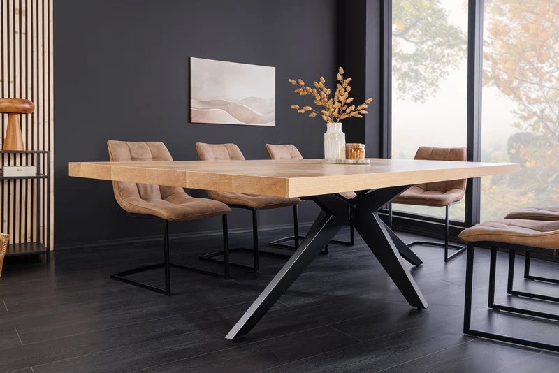 Imposante table à manger ZEUS 240cm design en chêne naturel avec structure étoile en métal