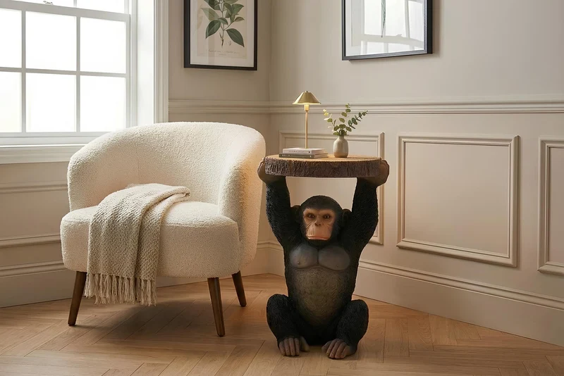 Table d’appoint ronde MONKEY 55cm sculpture de singe gris noir fait main