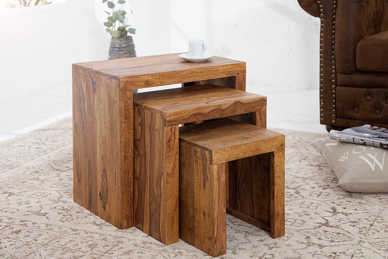 Lot de 3 tables d’appoint en bois massif MAKASSAR 45cm finition pierre Sesham marron grain