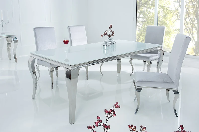 Table à manger design élégant MODERNE BAROQUE 180cm plateau en verre opale en acier inoxydable blanc