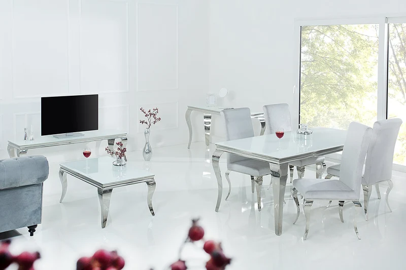 Table à manger design élégant MODERNE BAROQUE 180cm plateau en verre opale en acier inoxydable blanc