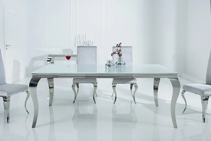 Table à manger design élégant MODERNE BAROQUE 180cm plateau en verre opale en acier inoxydable blanc