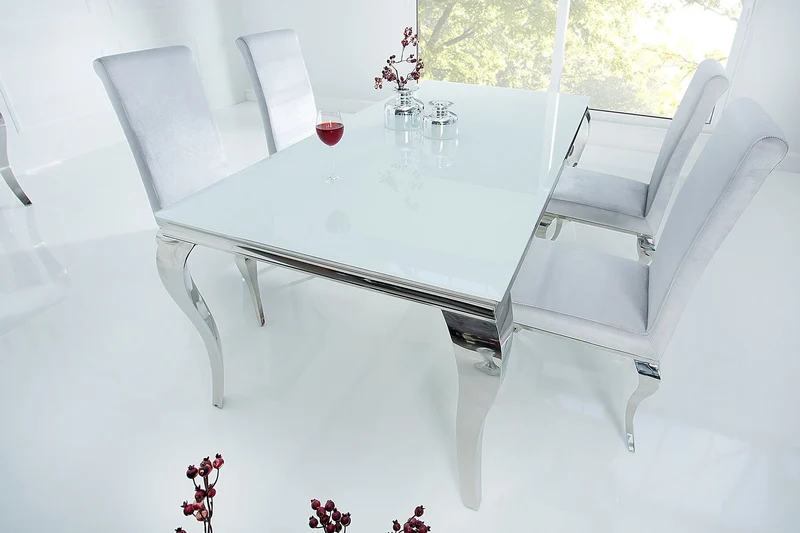 Table à manger design élégant MODERNE BAROQUE 180cm plateau en verre opale en acier inoxydable blanc