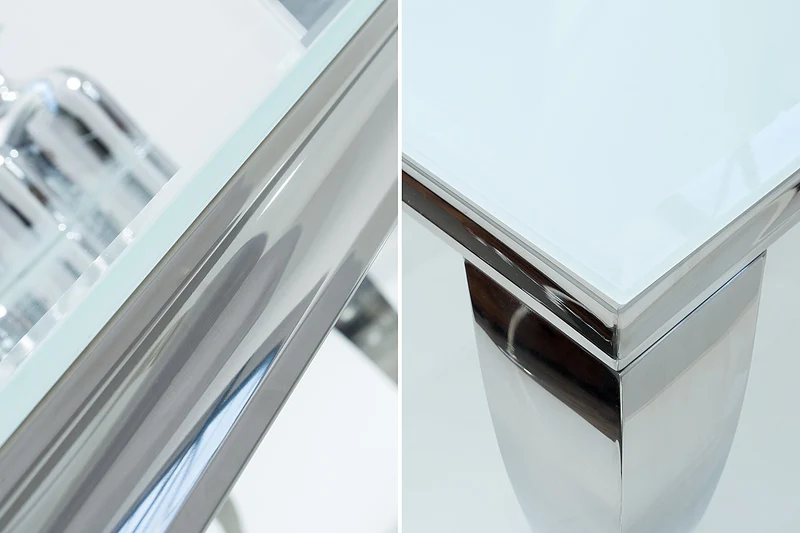 Table à manger design élégant MODERNE BAROQUE 180cm plateau en verre opale en acier inoxydable blanc