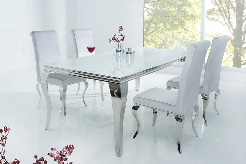 Table à manger design élégant MODERNE BAROQUE 180cm plateau en verre opale en acier inoxydable blanc