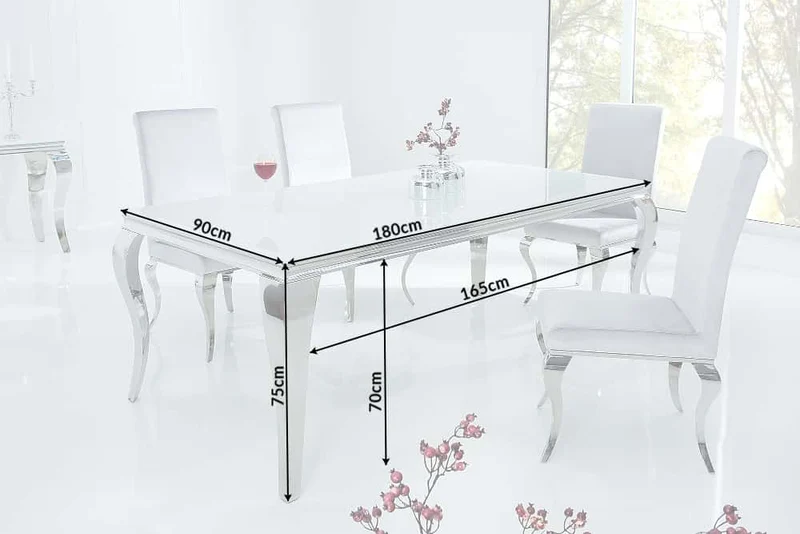Table à manger design élégant MODERNE BAROQUE 180cm plateau en verre opale en acier inoxydable blanc