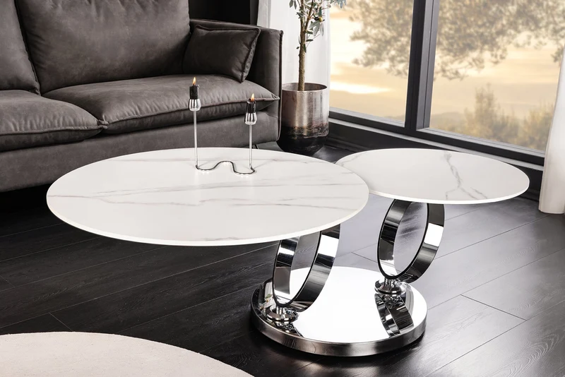 Table basse design DANCING RINGS ronde blanche tournante en marbre céramique structure chromée