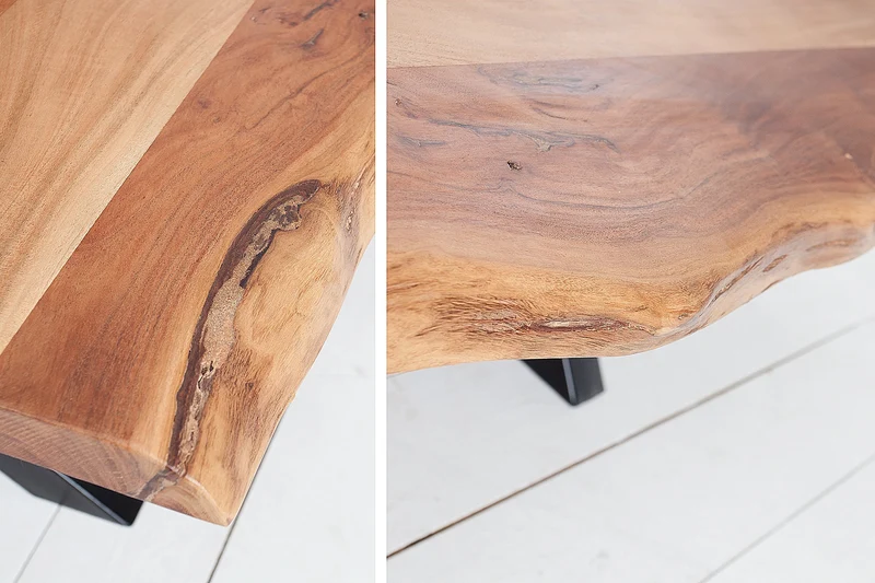 Table basse en bois massif AMAZONAS 105cm acacia métal noir structure en X bord arbre live edge