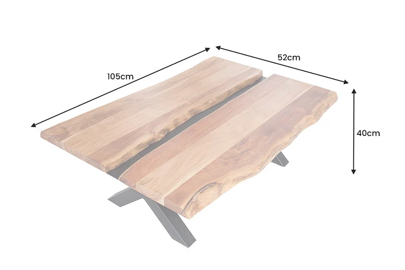 Table basse en bois massif AMAZONAS 105cm acacia métal noir structure en X bord arbre live edge