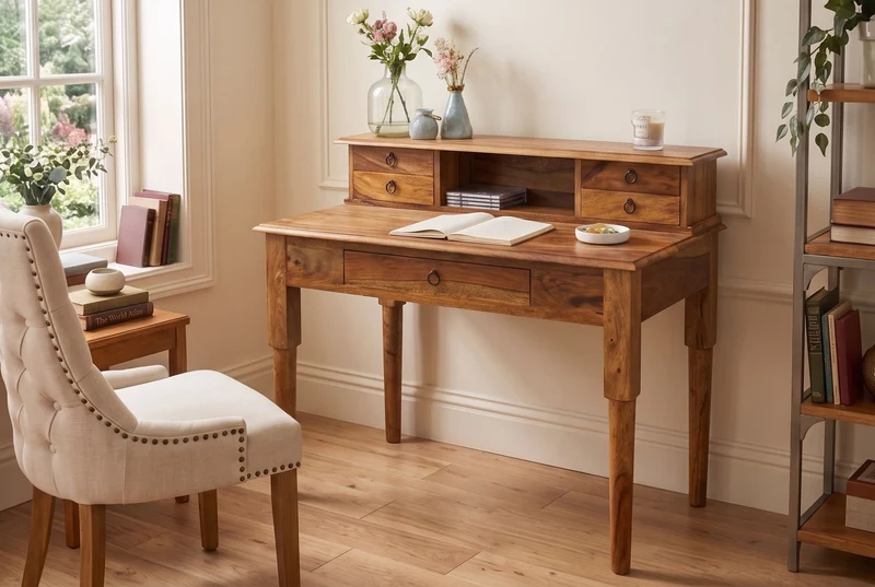 Secrétaire design HEMINGWAY M Bureau 90cm en bois massif sheesham marron finition pierre