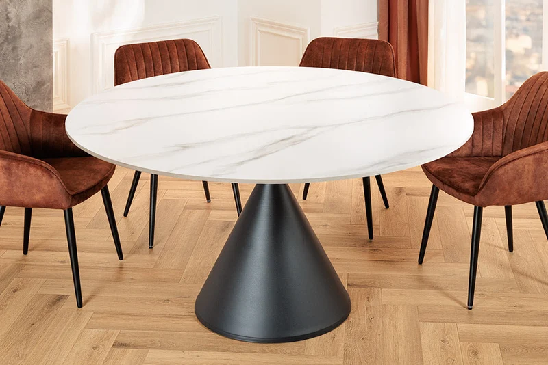 Table à manger ronde SIGNATURE 135cm marbre blanc céramique structure métal noir piètement colonne