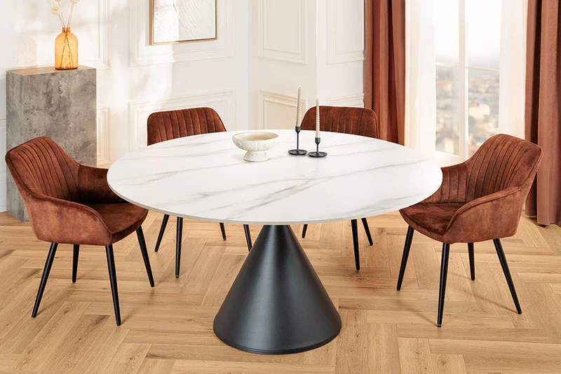 Table à manger ronde SIGNATURE 135cm marbre blanc céramique structure métal noir piètement colonne