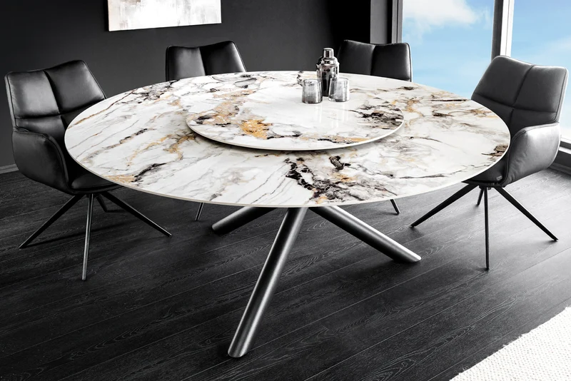 Table à manger ronde SPIN 150cm blanc gris or plateau de service rotatif à 360° Aurora Oro céramique