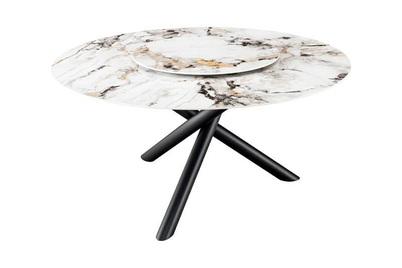 Table à manger ronde SPIN 150cm blanc gris or plateau de service rotatif à 360° Aurora Oro céramique