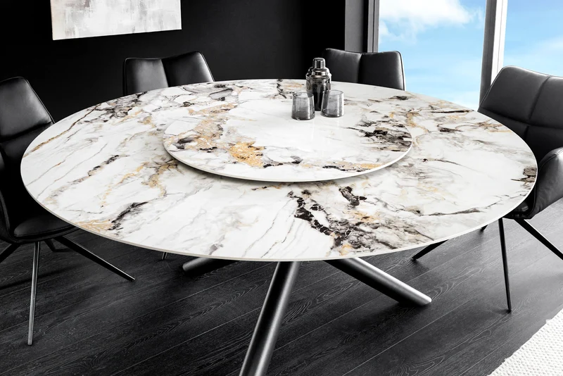 Table à manger ronde SPIN 150cm blanc gris or plateau de service rotatif à 360° Aurora Oro céramique